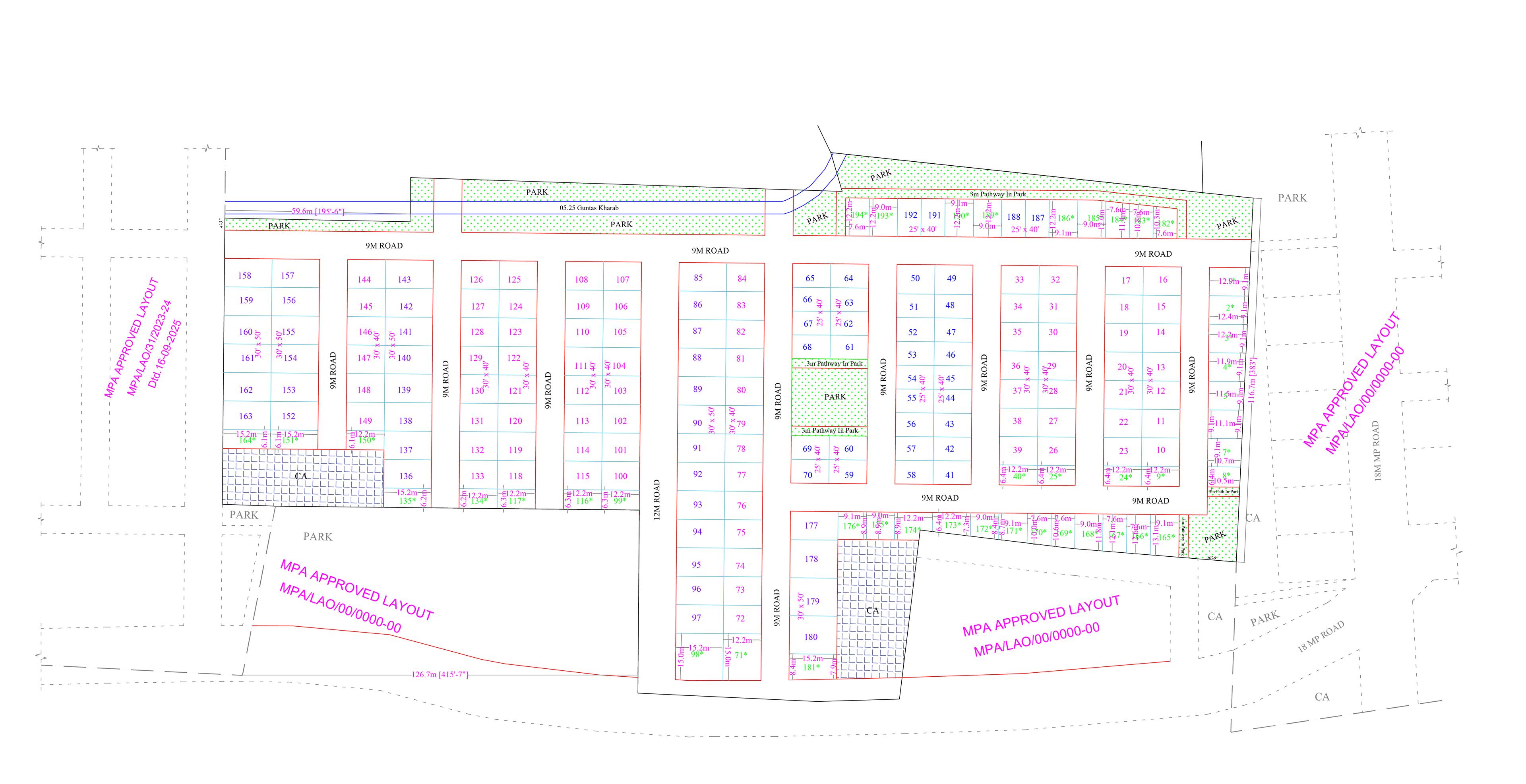 Kaamdheno Phase 2 layout plan showing numbered plots, internal roads and parks